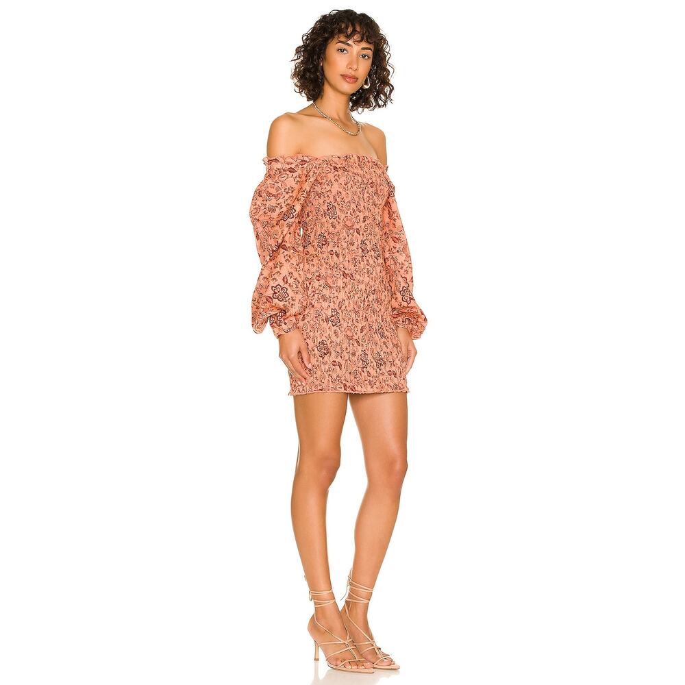 FREE PEOPLE Smock It To Me Mini Dress Size Medium Apricot Combo - Picture 2 of 7